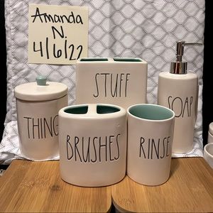 RAE DUNN WHITE AND TEAL BATHROOM SET